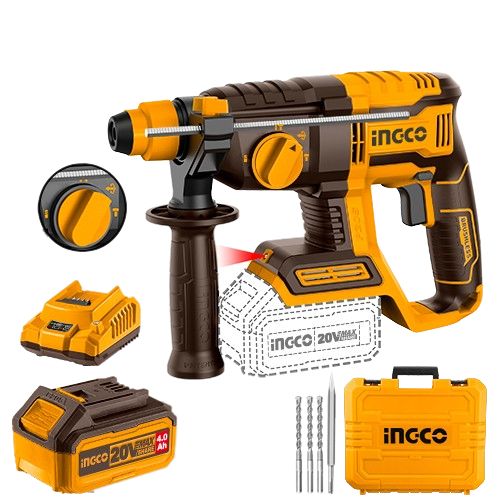 Ingco CRHLI202081 20V Rotary Hammer - 2.0J Impact Energy, SDS Plus Chuck, Integrated Work Light, 3 Drill Bits