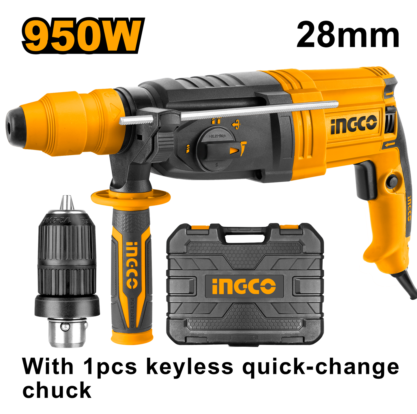 Ingco RGH9528-2 Rotary Hammer - 950W, 2.5J Impact Energy, Enhanced Drilling Capacities