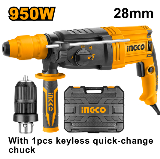 Ingco RGH9528-2 Rotary Hammer - 950W, 2.5J Impact Energy, Enhanced Drilling Capacities