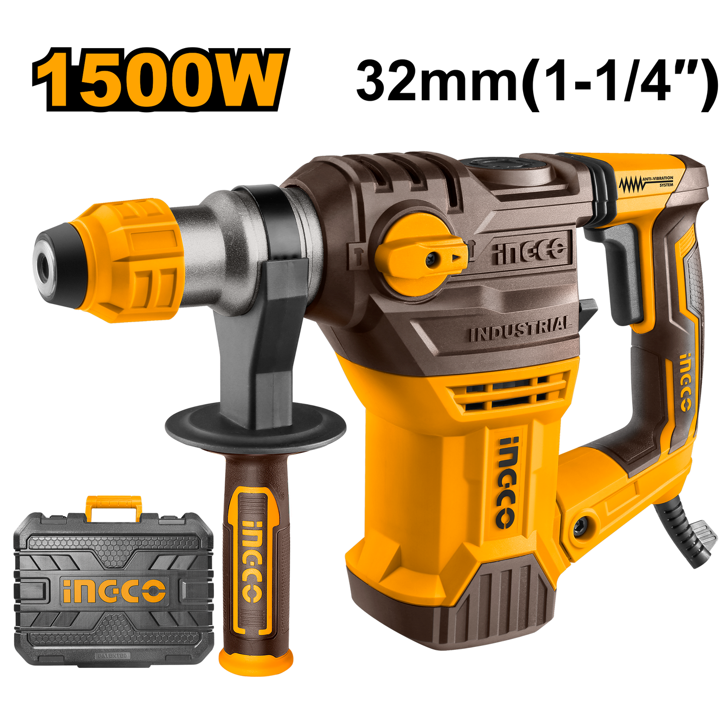 Ingco RH150028 Rotary Hammer - 1500W, 5.5J Impact Energy, High-Performance Drilling