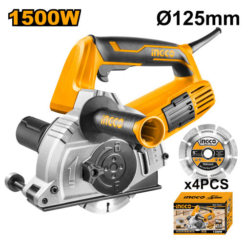 Ingco WLC15008 Wall Chaser - 1500W, 125mm Disc Diameter, Cutting Depth 3-29mm, Cutting Width 8-30mm, Includes 1x Chisel, 1x Auxiliary Handle, 1x Set of Extra Carbon Brushes, 4x Cutting Discs, Packed in a Color Box